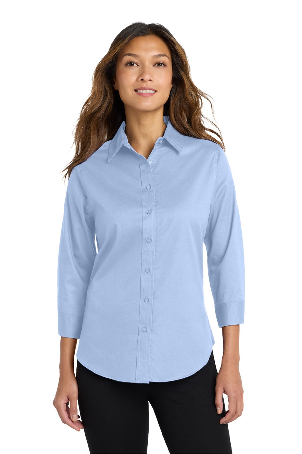 Port Authority L612 Womens Easy Care Wrinkle Resistant 3/4 Sleeve Button Down Shirt Light Blue Model Front