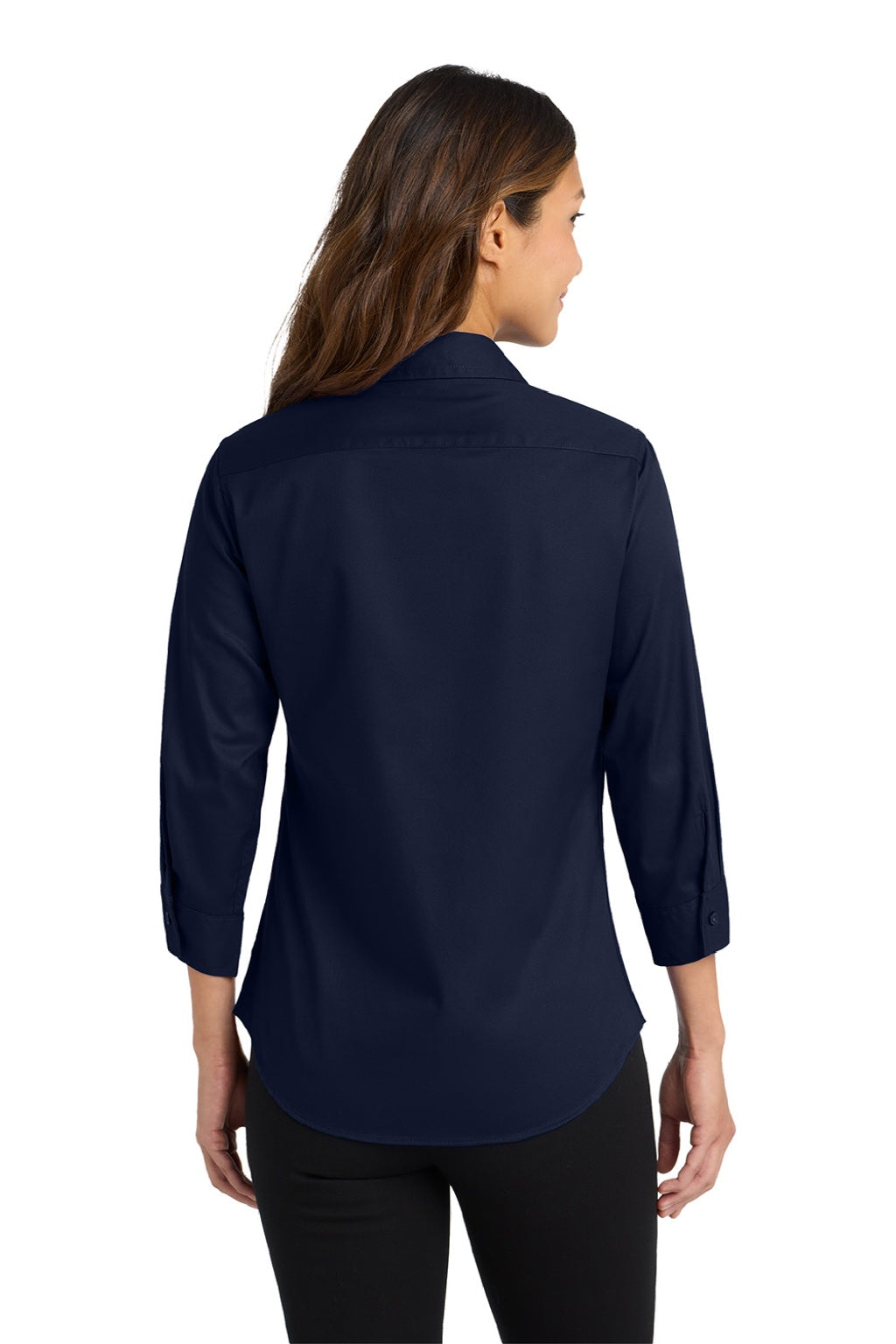 Port Authority L612 Womens Easy Care Wrinkle Resistant 3/4 Sleeve Button Down Shirt Navy Blue Model Back