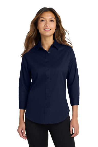 Port Authority L612 Womens Easy Care Wrinkle Resistant 3/4 Sleeve Button Down Shirt Navy Blue Model Front