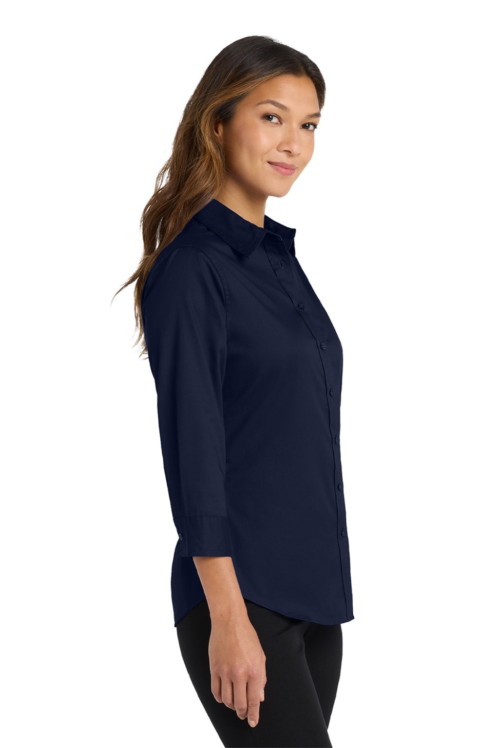 Port Authority L612 Womens Easy Care Wrinkle Resistant 3/4 Sleeve Button Down Shirt Navy Blue Model Side