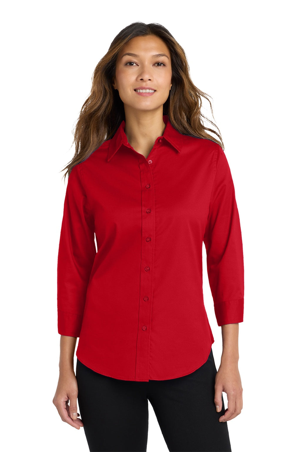 Port Authority L612 Womens Easy Care Wrinkle Resistant 3/4 Sleeve Button Down Shirt Red Model Front