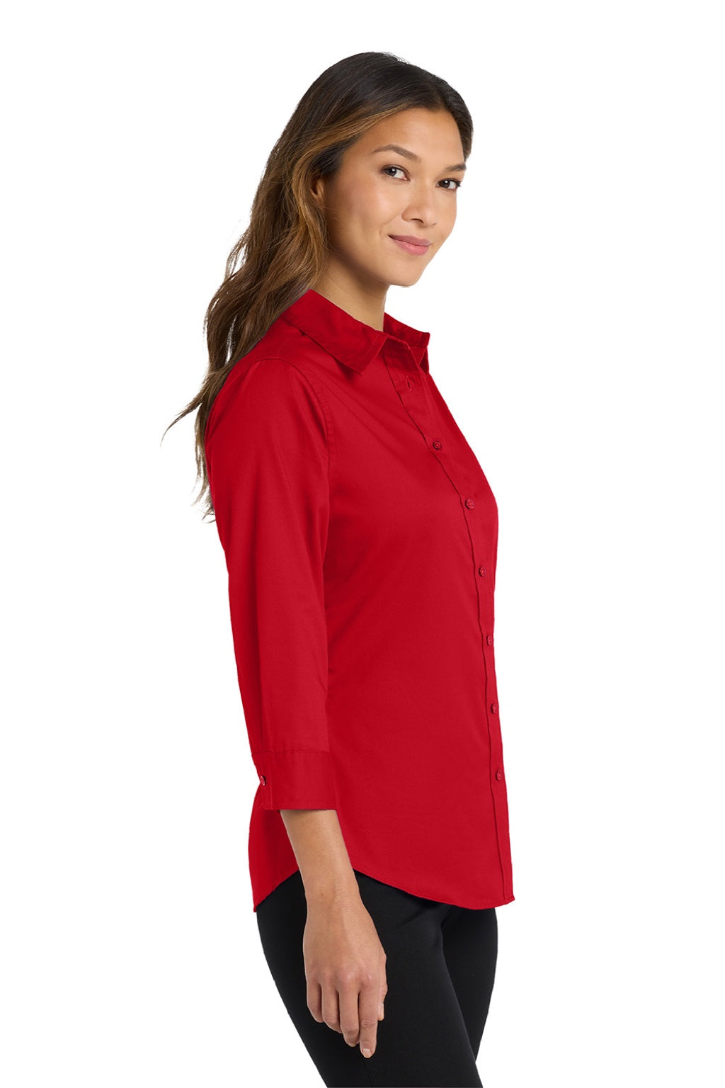 Port Authority L612 Womens Easy Care Wrinkle Resistant 3/4 Sleeve Button Down Shirt Red Model Side