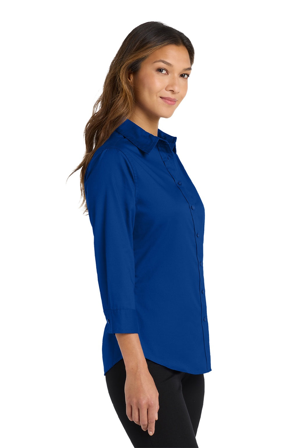 Port Authority L612 Womens Easy Care Wrinkle Resistant 3/4 Sleeve Button Down Shirt Royal Blue Model Side