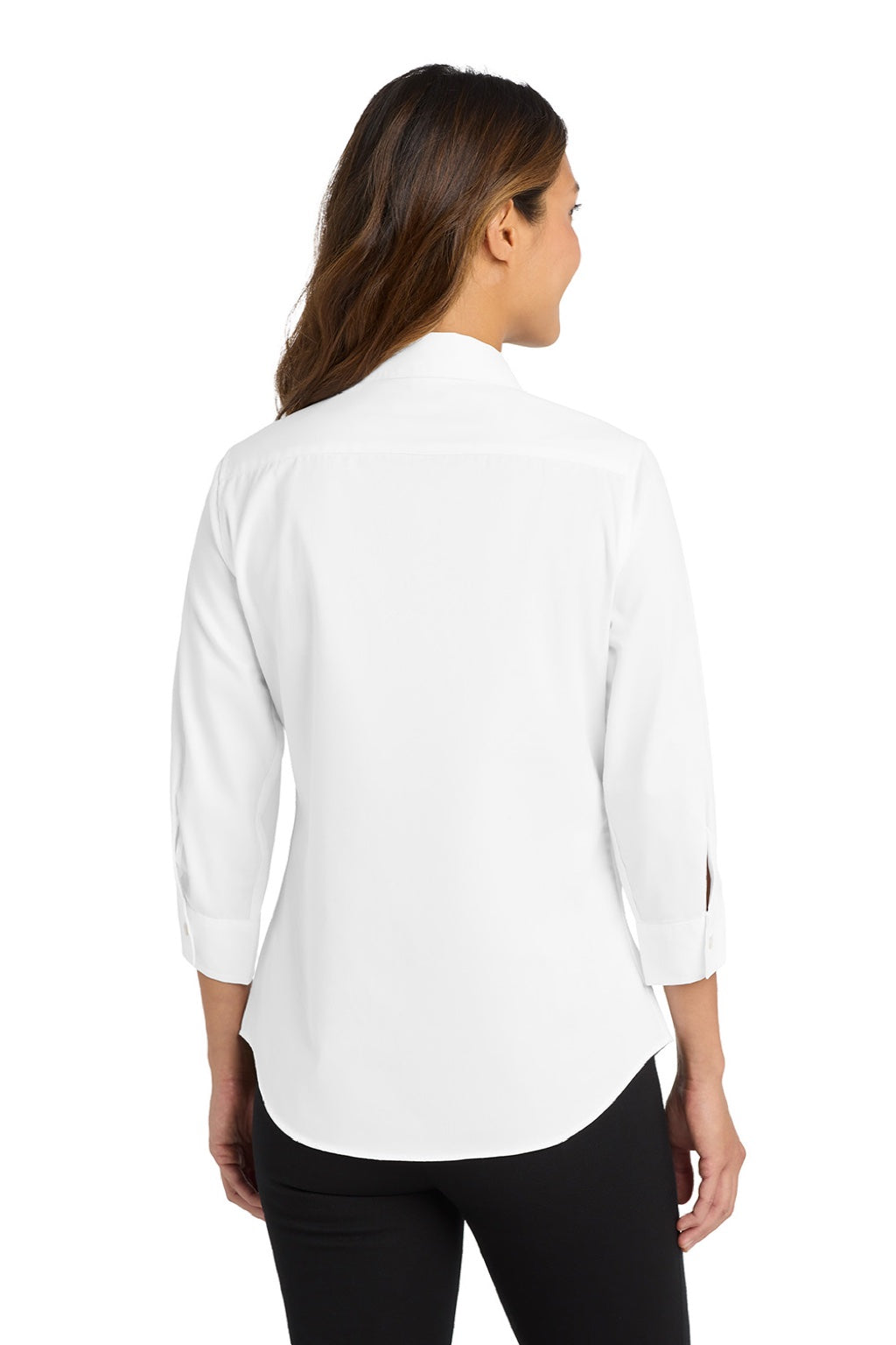 Port Authority L612 Womens Easy Care Wrinkle Resistant 3/4 Sleeve Button Down Shirt White Model Back