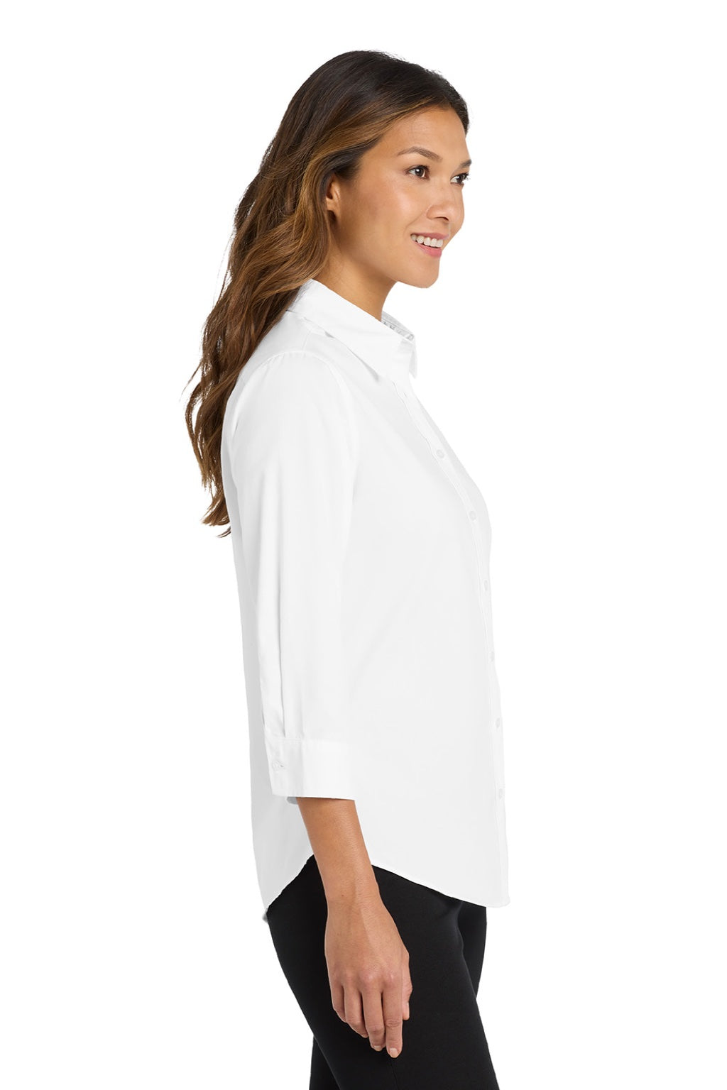 Port Authority L612 Womens Easy Care Wrinkle Resistant 3/4 Sleeve Button Down Shirt White Model Side