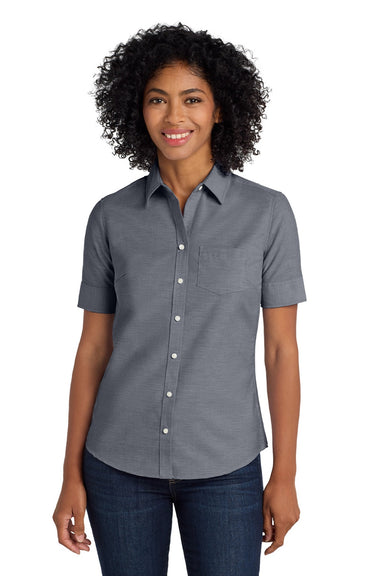 Port Authority L659 Womens SuperPro Oxford Wrinkle Resistant Short Sleeve Button Down Shirt w/ Pocket Black Model Front
