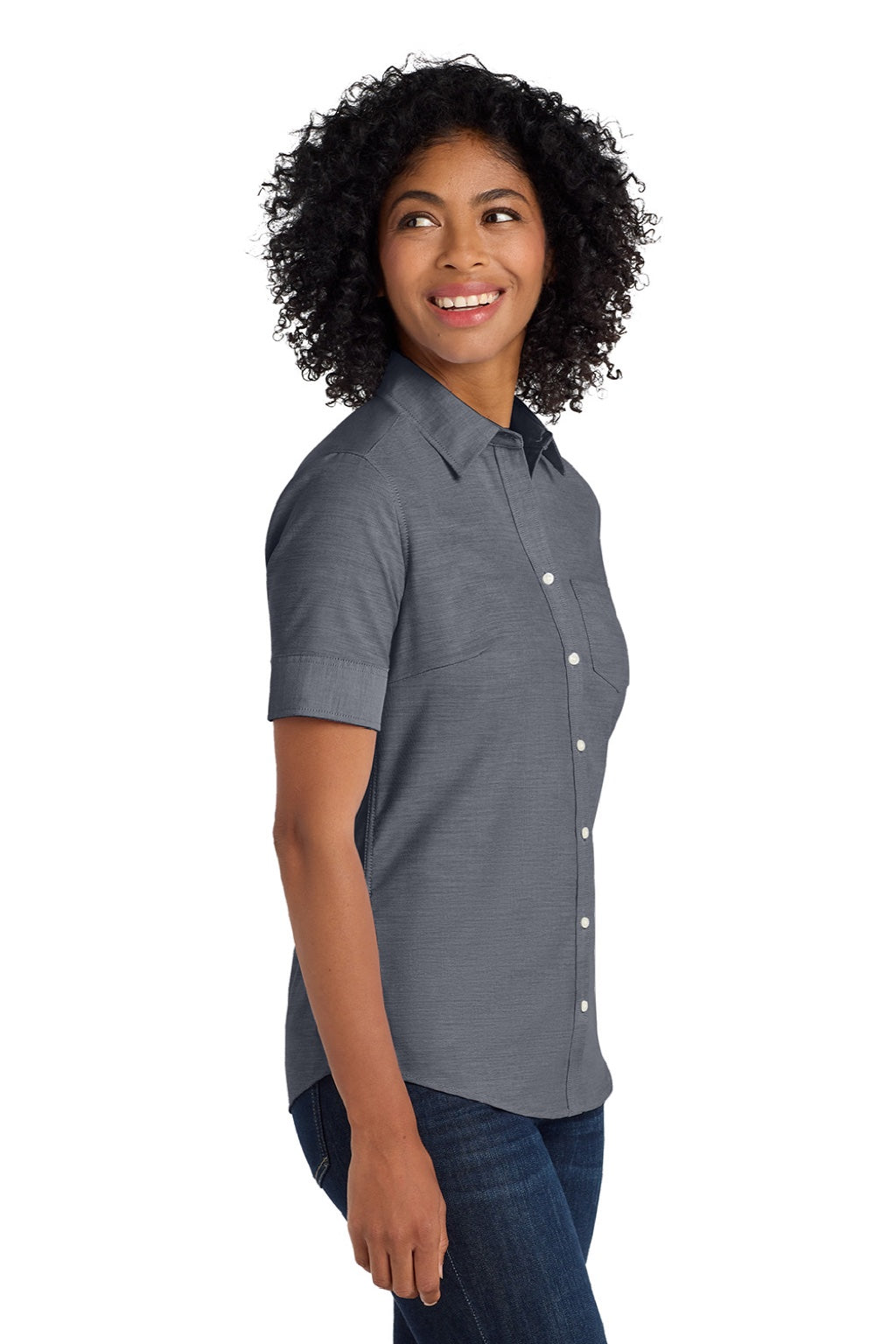 Port Authority L659 Womens SuperPro Oxford Wrinkle Resistant Short Sleeve Button Down Shirt w/ Pocket Black Model Side