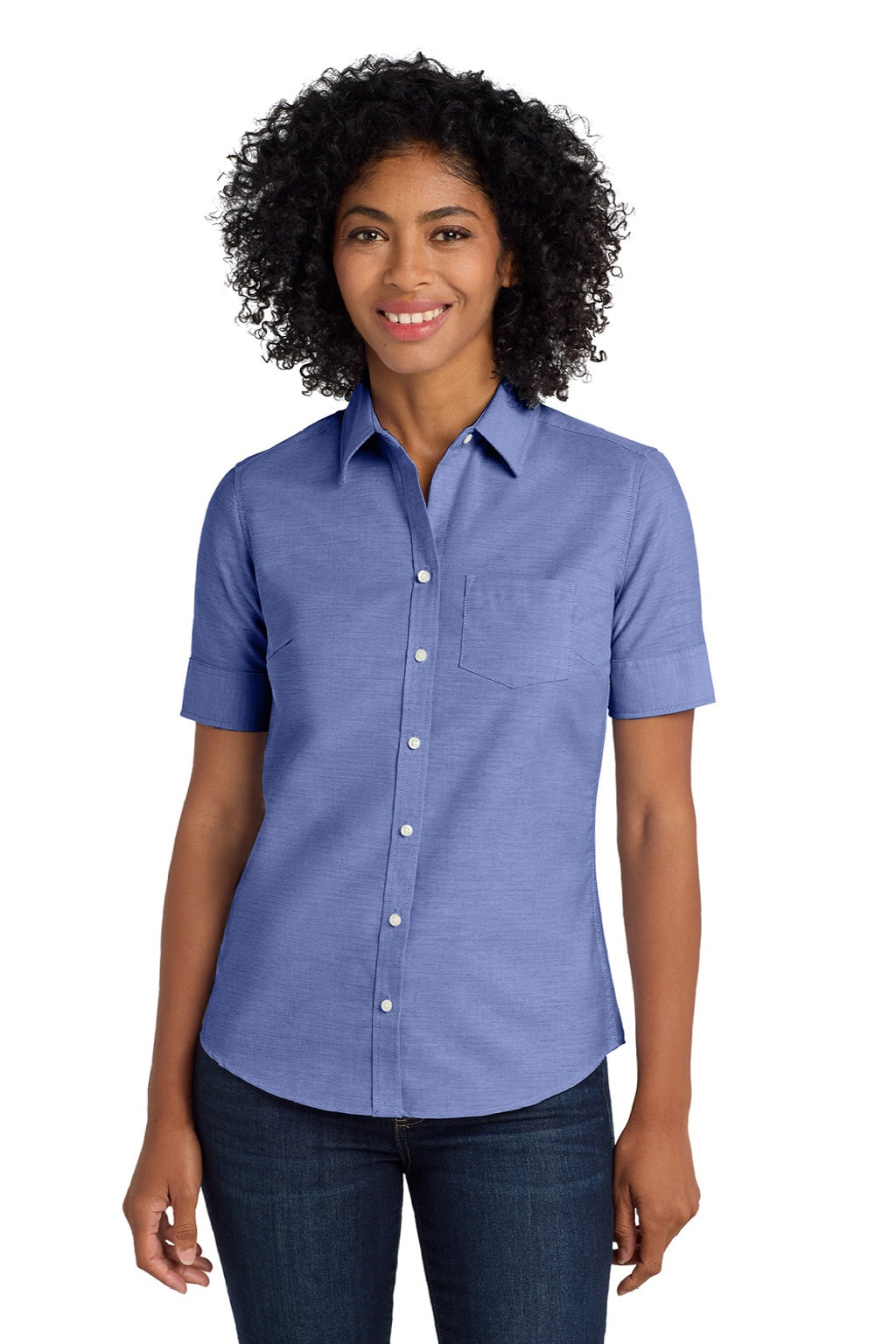 Port Authority L659 Womens SuperPro Oxford Wrinkle Resistant Short Sleeve Button Down Shirt w/ Pocket Navy Blue Model Front
