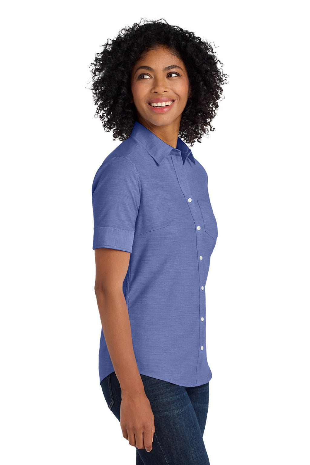 Port Authority L659 Womens SuperPro Oxford Wrinkle Resistant Short Sleeve Button Down Shirt w/ Pocket Navy Blue Model Side