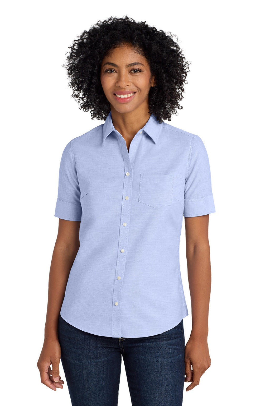 Port Authority L659 Womens SuperPro Oxford Wrinkle Resistant Short Sleeve Button Down Shirt w/ Pocket Oxford Blue Model Front