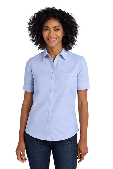 Port Authority L659 Womens SuperPro Oxford Wrinkle Resistant Short Sleeve Button Down Shirt w/ Pocket Oxford Blue Model Front