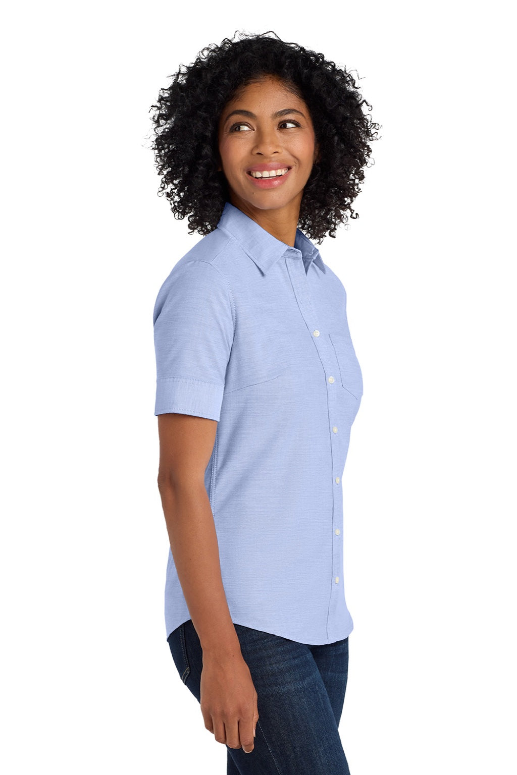 Port Authority L659 Womens SuperPro Oxford Wrinkle Resistant Short Sleeve Button Down Shirt w/ Pocket Oxford Blue Model Side