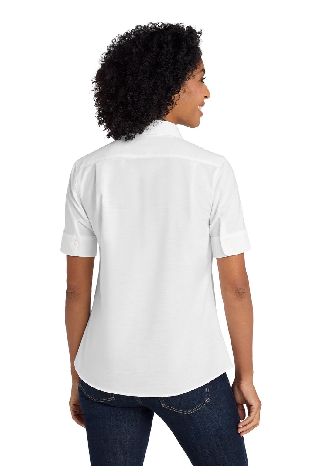 Port Authority L659 Womens SuperPro Oxford Wrinkle Resistant Short Sleeve Button Down Shirt w/ Pocket White Model Back