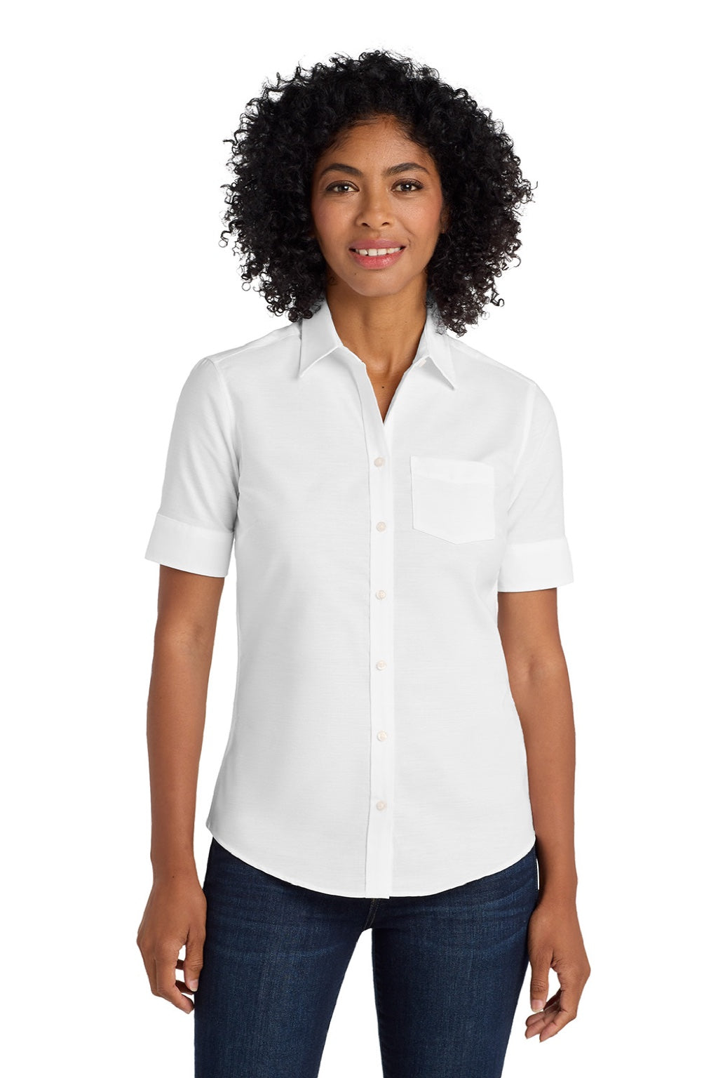 Port Authority L659 Womens SuperPro Oxford Wrinkle Resistant Short Sleeve Button Down Shirt w/ Pocket White Model Front