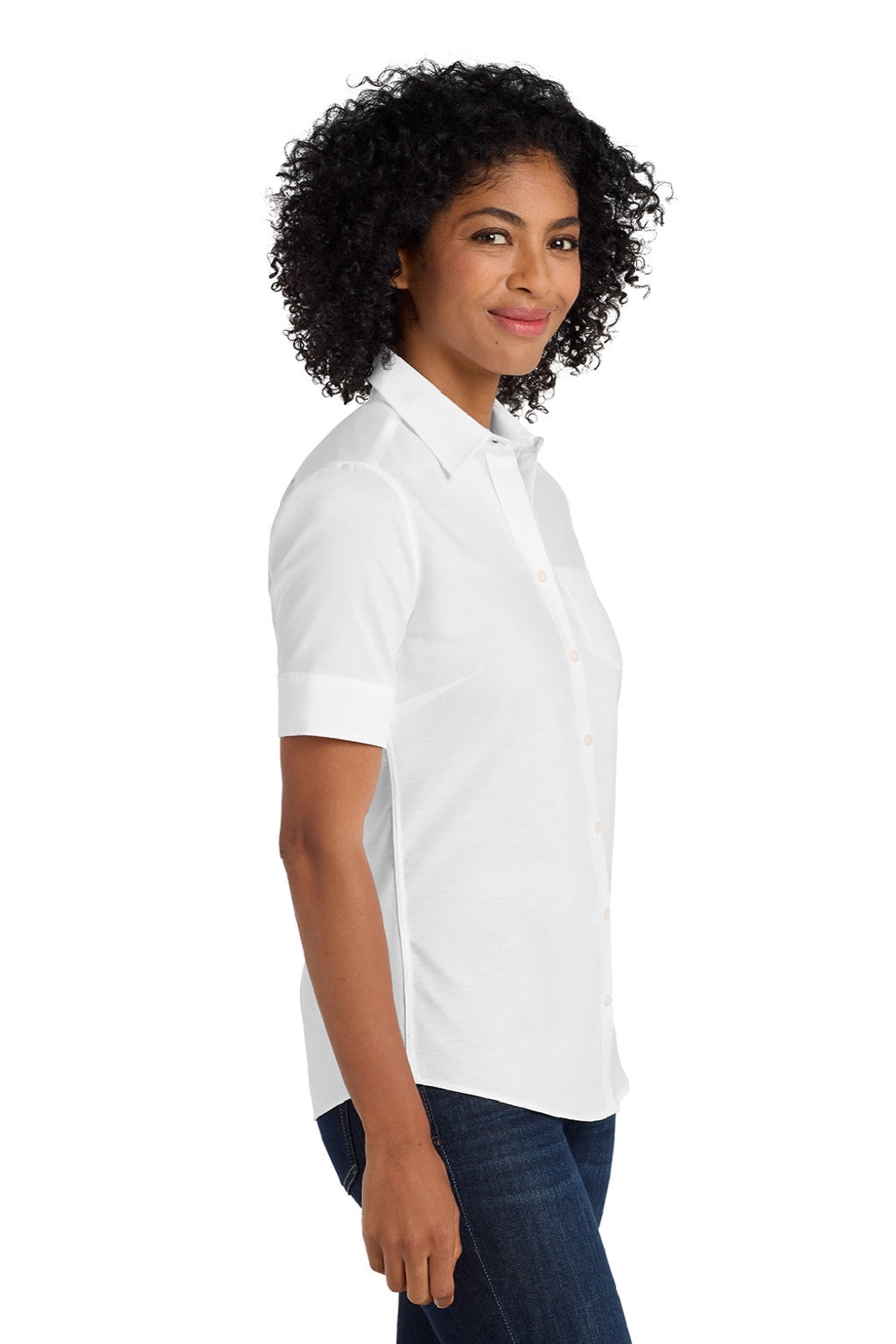 Port Authority L659 Womens SuperPro Oxford Wrinkle Resistant Short Sleeve Button Down Shirt w/ Pocket White Model Side