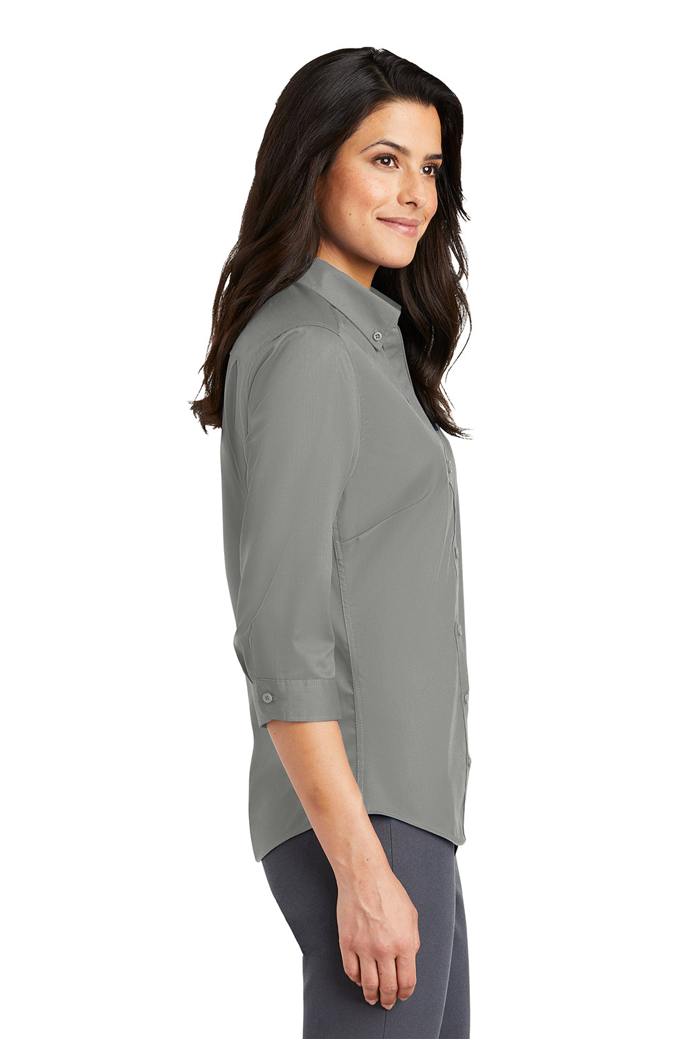 Port Authority L665 Womens SuperPro Wrinkle Resistant 3/4 Sleeve Button Down Shirt Monument Grey Model Side