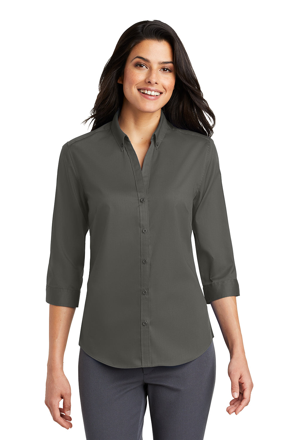 Port Authority L665 Womens SuperPro Wrinkle Resistant 3/4 Sleeve Button Down Shirt Sterling Grey Model Front