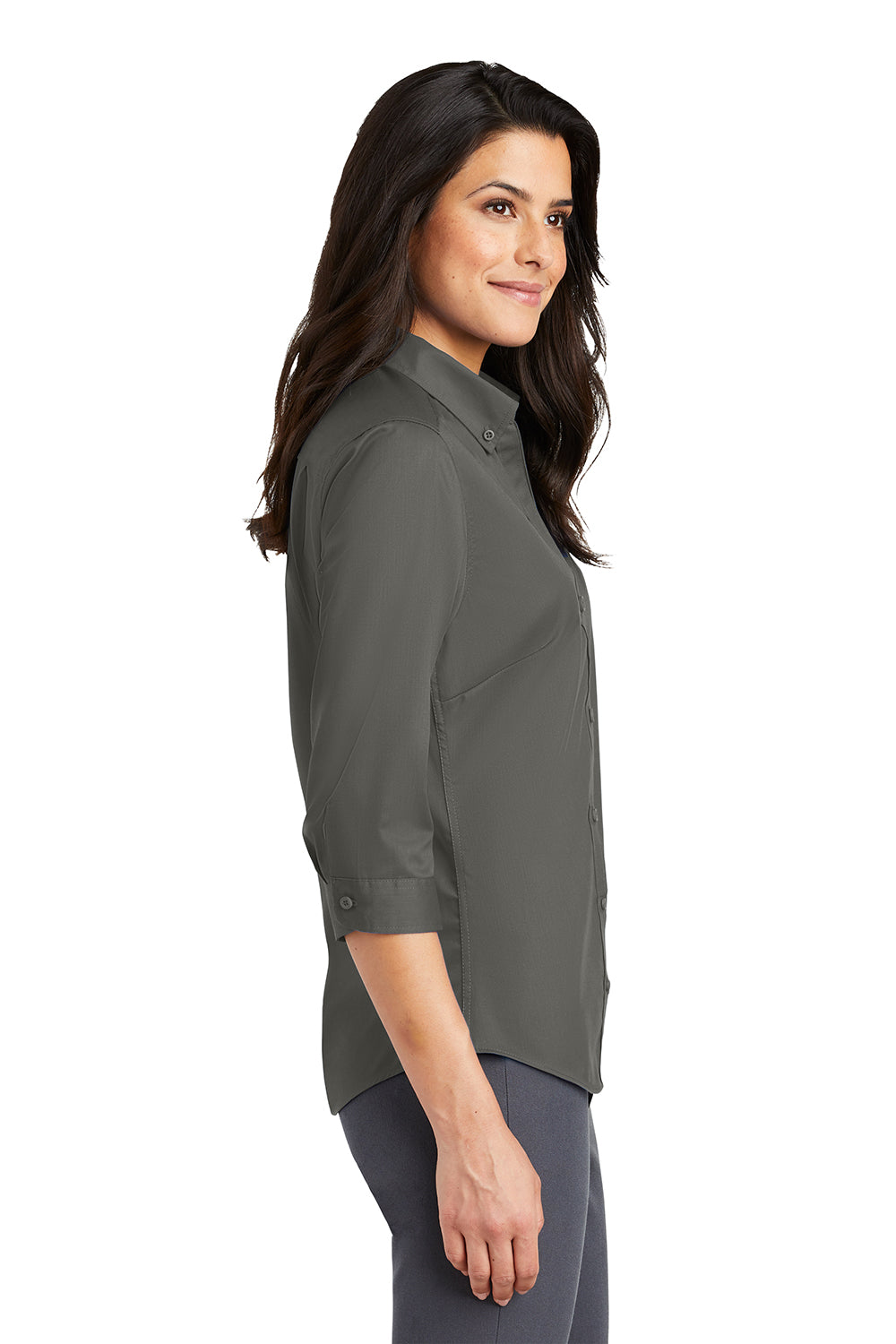 Port Authority L665 Womens SuperPro Wrinkle Resistant 3/4 Sleeve Button Down Shirt Sterling Grey Model Side