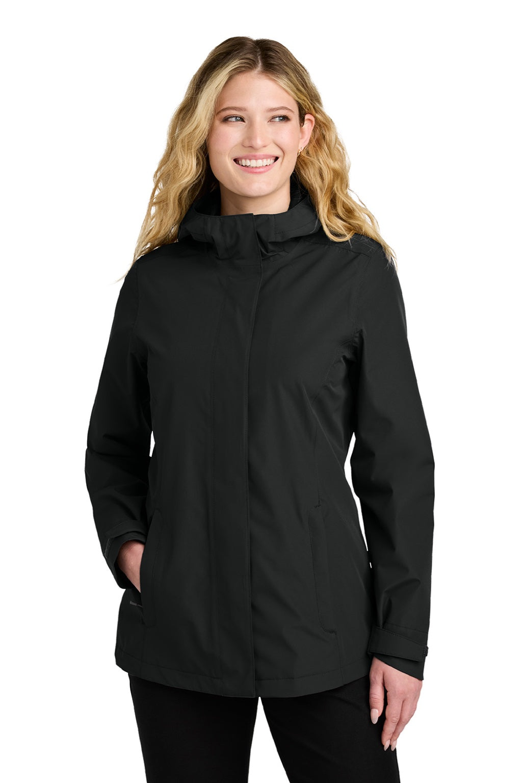 Port Authority L714 Womens C-FREE Water Resistant Full Zip Hooded Rain Jacket Deep Black Model Front