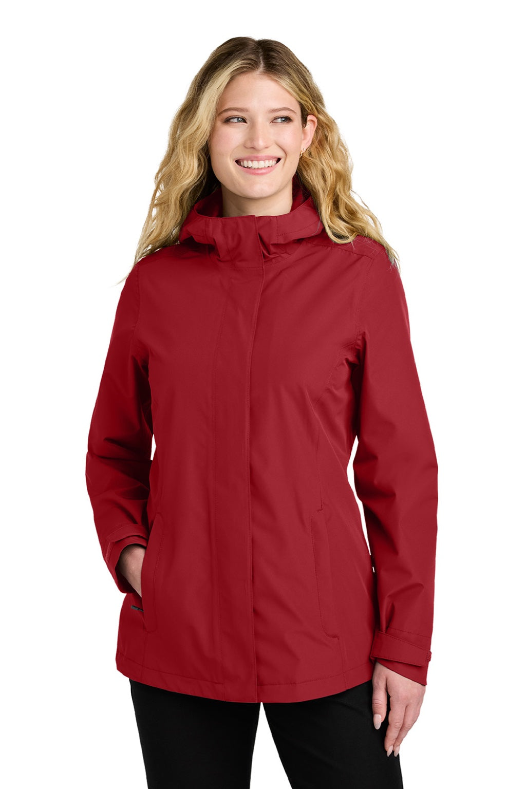 Port Authority L714 Womens C-FREE Water Resistant Full Zip Hooded Rain Jacket Rich Red Model Front