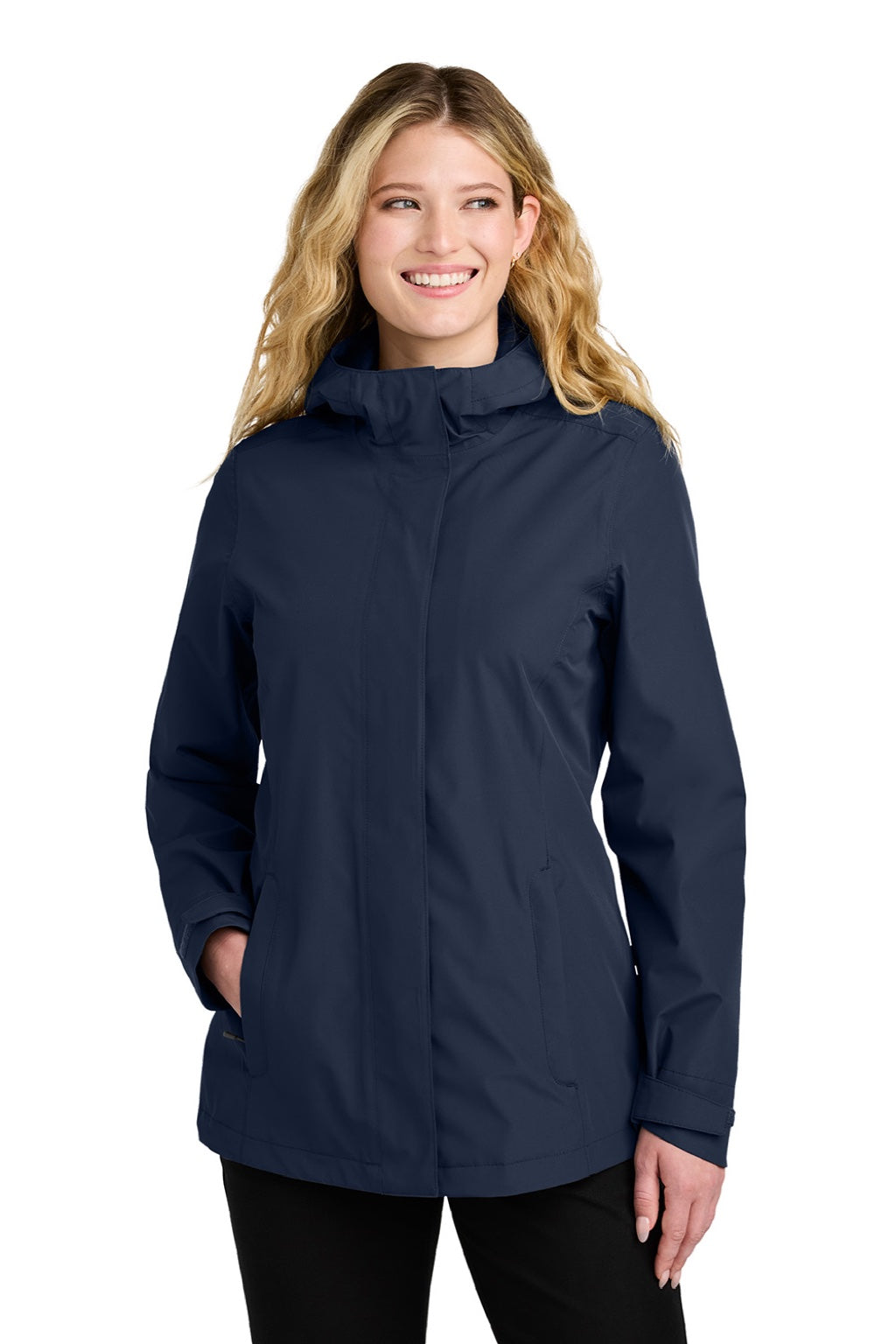 Port Authority L714 Womens C-FREE Water Resistant Full Zip Hooded Rain Jacket True Navy Blue Model Front