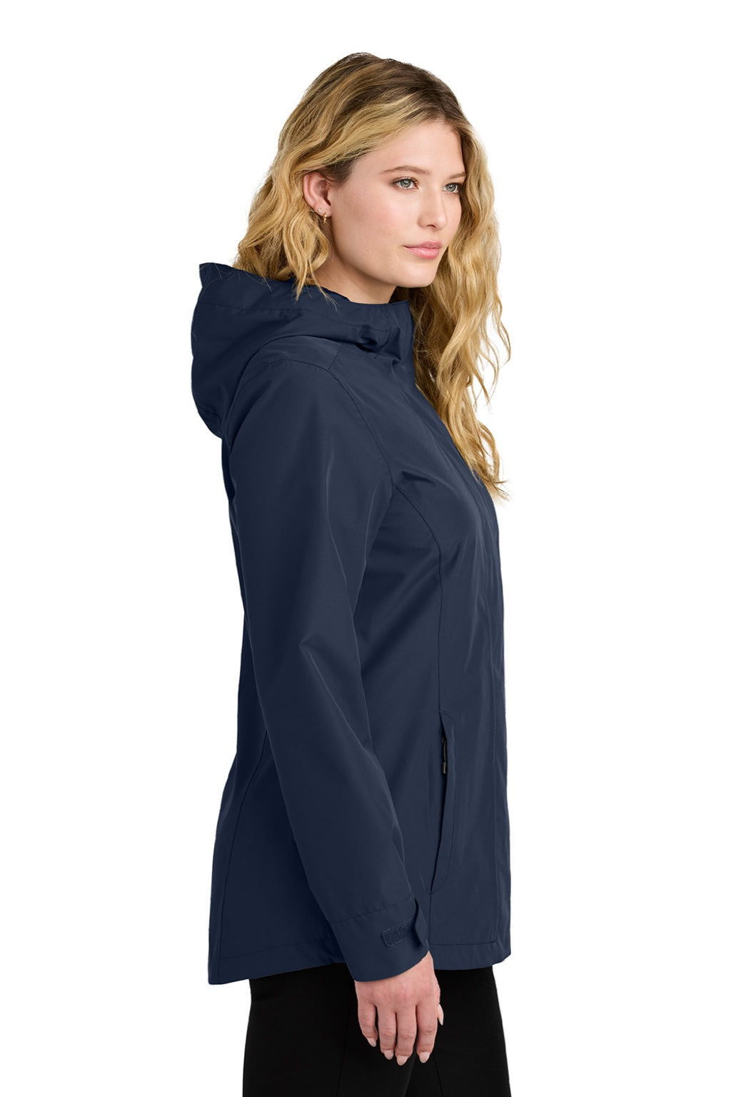 Port Authority L714 Womens C-FREE Water Resistant Full Zip Hooded Rain Jacket True Navy Blue Model Side