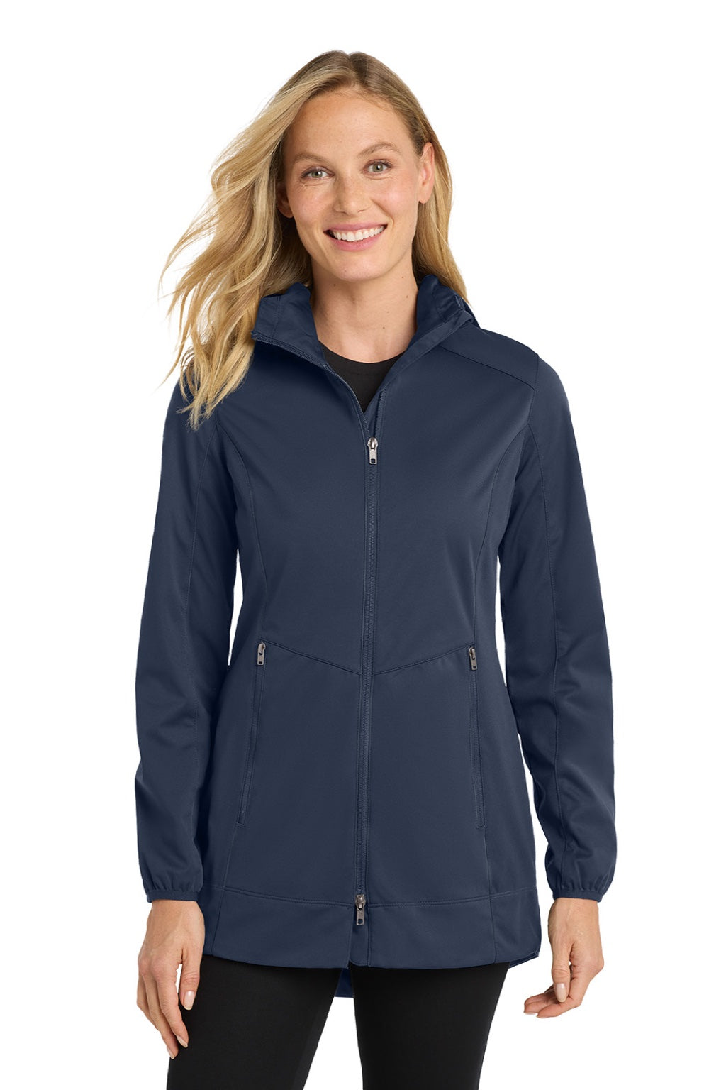 Port Authority L719 Womens Active Wind & Water Resistant Full Zip Hooded Jacket Dress Navy Blue Model Front