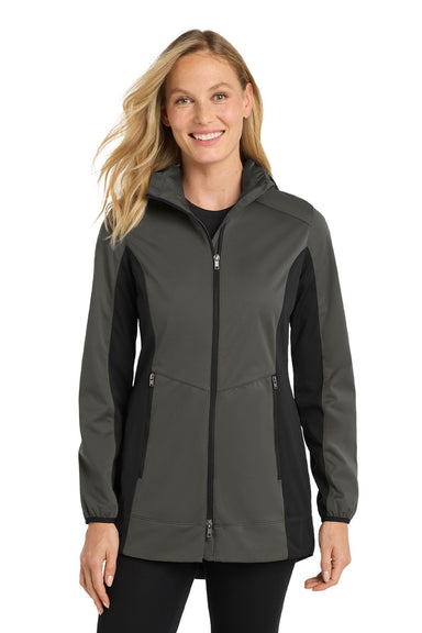 Port Authority L719 Womens Active Wind & Water Resistant Full Zip Hooded Jacket Steel Grey/Deep Black Model Front