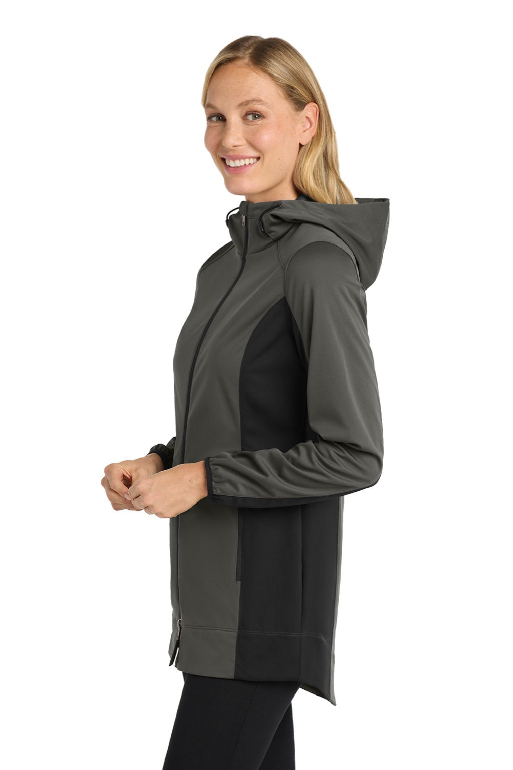 Port Authority L719 Womens Active Wind & Water Resistant Full Zip Hooded Jacket Steel Grey/Deep Black Model Side