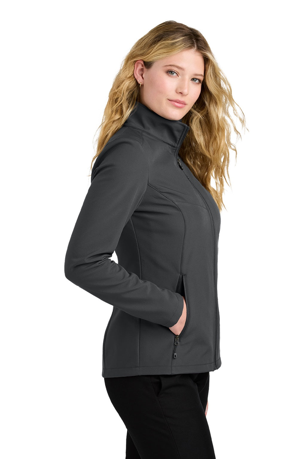 Port Authority L720 Womens C-FREE Core Water Resistant Soft Shell Full Zip Jacket Steel Grey Model Side