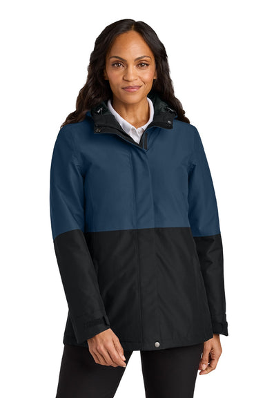 Port Authority L721 Womens Insulated Ripstop Full Zip Hooded Jacket Dress Navy Blue/Deep Black Model Front