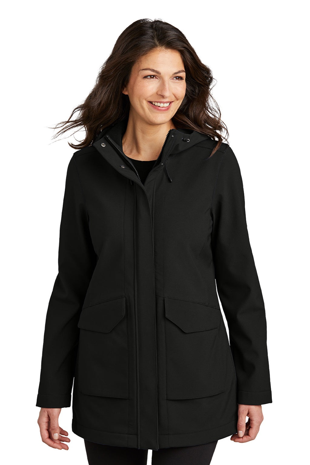 Port Authority L919 Womens Collective Outer Water Resistant Soft Shell Full Zip Hooded Parka Deep Black Model Front
