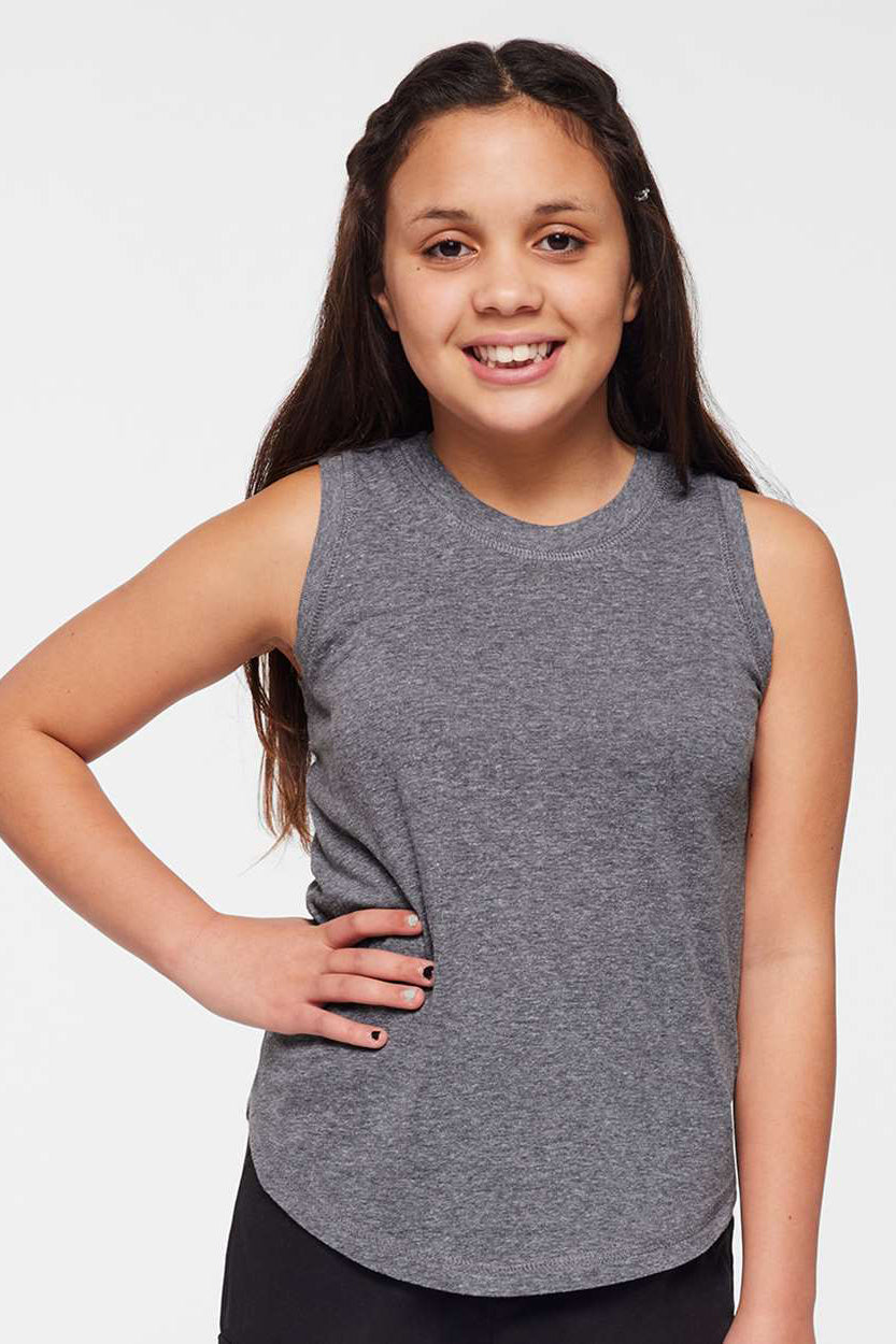 LAT 2692 Youth Girls Relaxed Fine Jersey Tank Top Heather Granite Grey Model Front