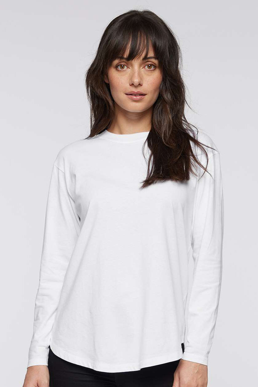 LAT 3508 Womens Fine Jersey Long Sleeve Crewneck T-Shirt White Model Front