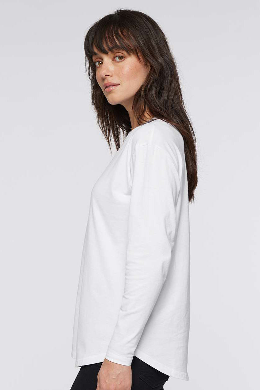 LAT 3508 Womens Fine Jersey Long Sleeve Crewneck T-Shirt White Model Side