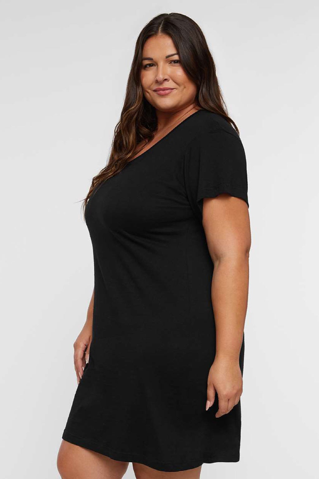 LAT 3522 Womens Short Sleeve T-Shirt Dress Black Model Side