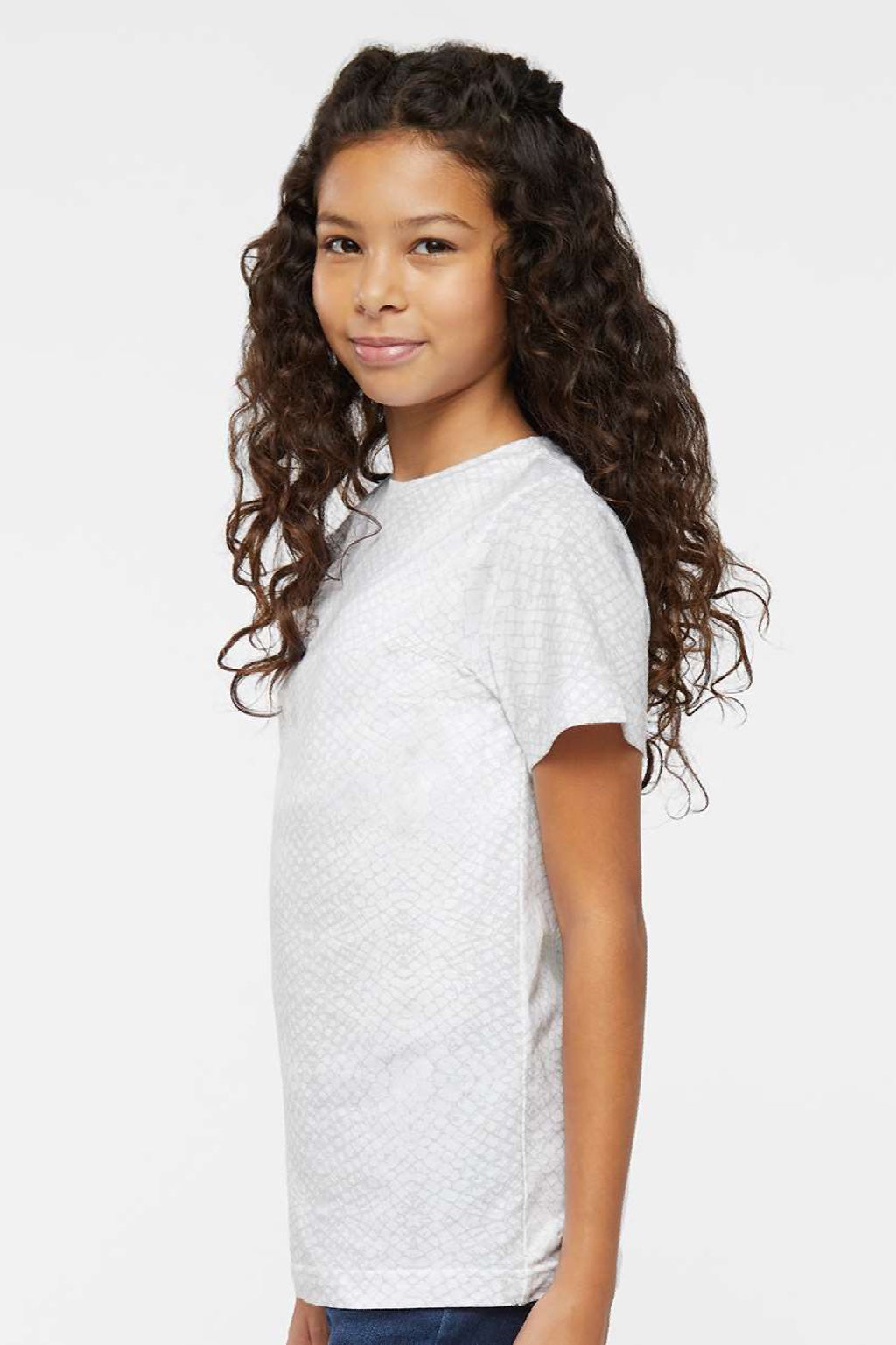 LAT 6101 Youth Fine Jersey Short Sleeve Crewneck T-Shirt White Reptile Model Side