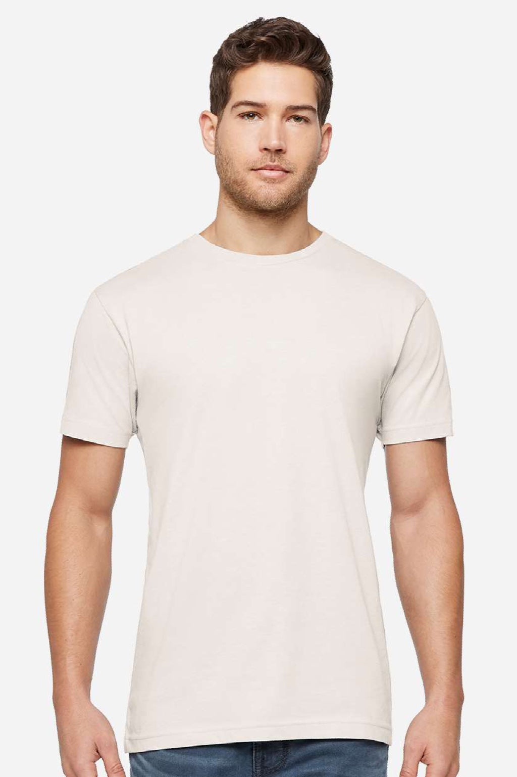 LAT 6901ECO Mens Eco Jersey Short Sleeve Crewneck T-Shirt Eggshell White Model Front