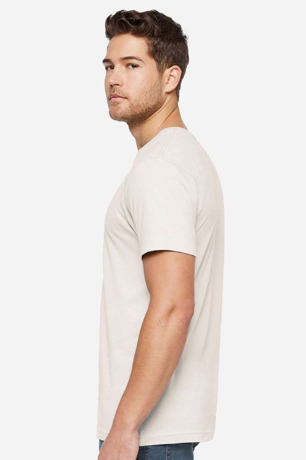 LAT 6901ECO Mens Eco Jersey Short Sleeve Crewneck T-Shirt Eggshell White Model Side