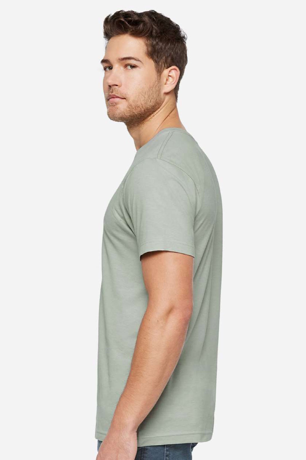 LAT 6901ECO Mens Eco Jersey Short Sleeve Crewneck T-Shirt Eucalyptus Green Model Side