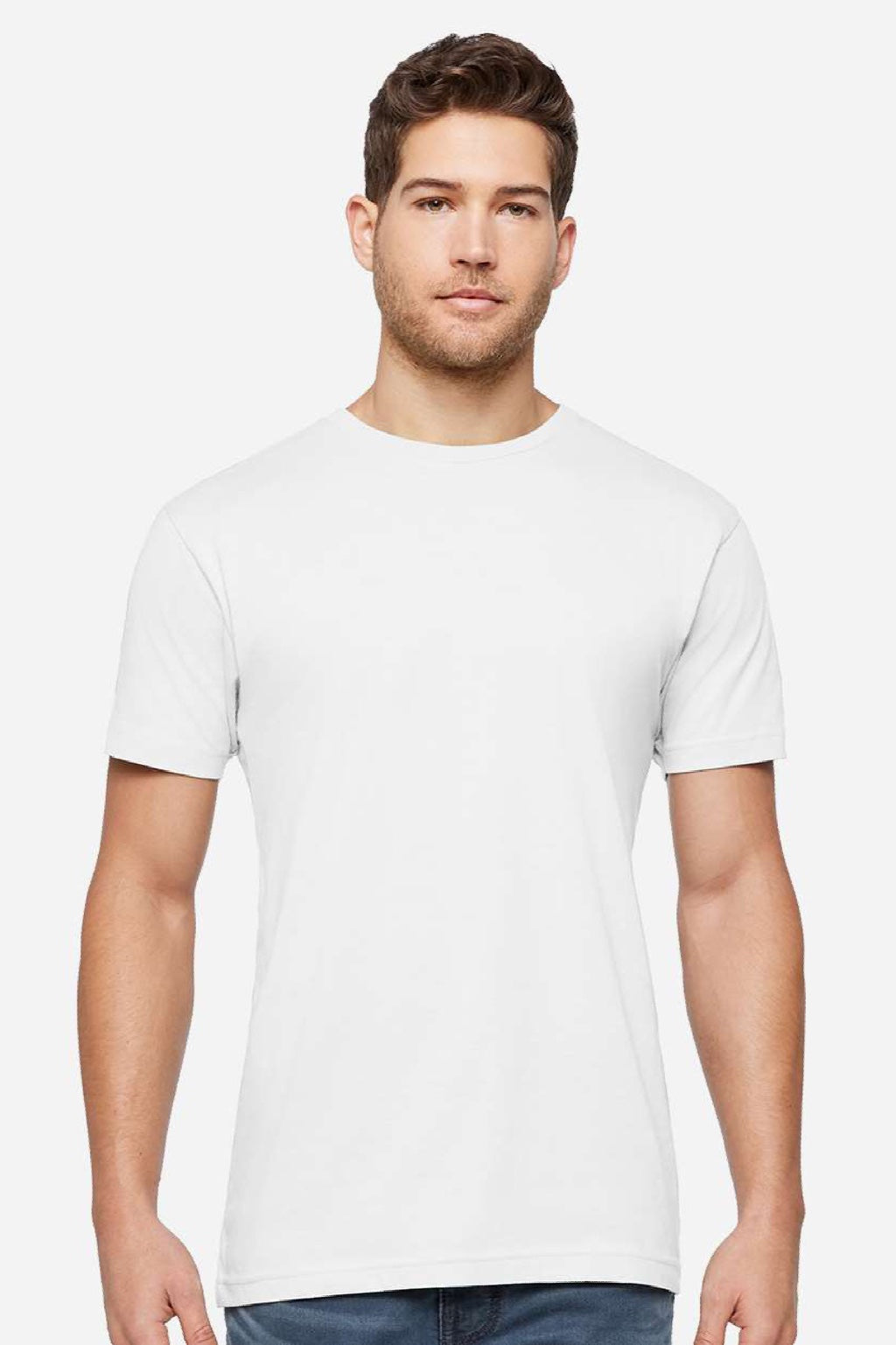 LAT 6901ECO Mens Eco Jersey Short Sleeve Crewneck T-Shirt White Model Front