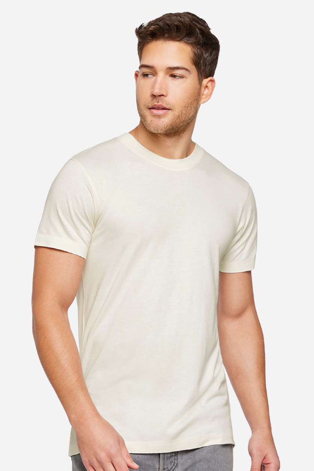 LAT 6904 Mens Bamboo Short Sleeve Crewneck T-Shirt Eggshell White Model Front