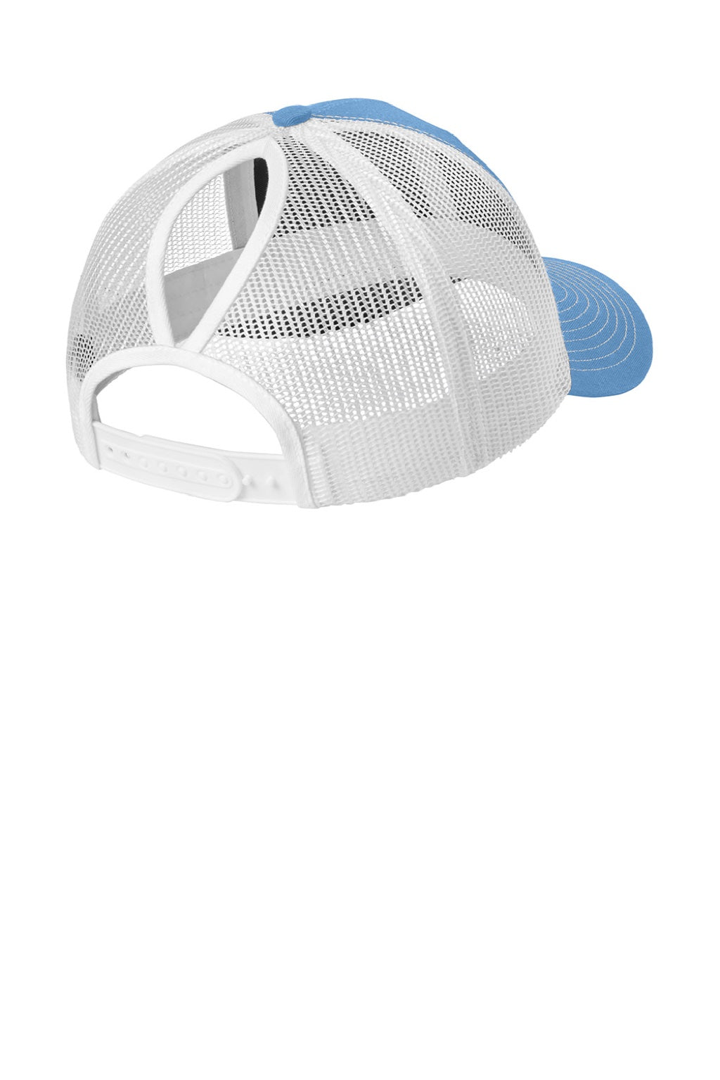 Port Authority Hats LC401 Womens Snapback Ponytail Trucker Hat Carolina Blue/White Flat Back