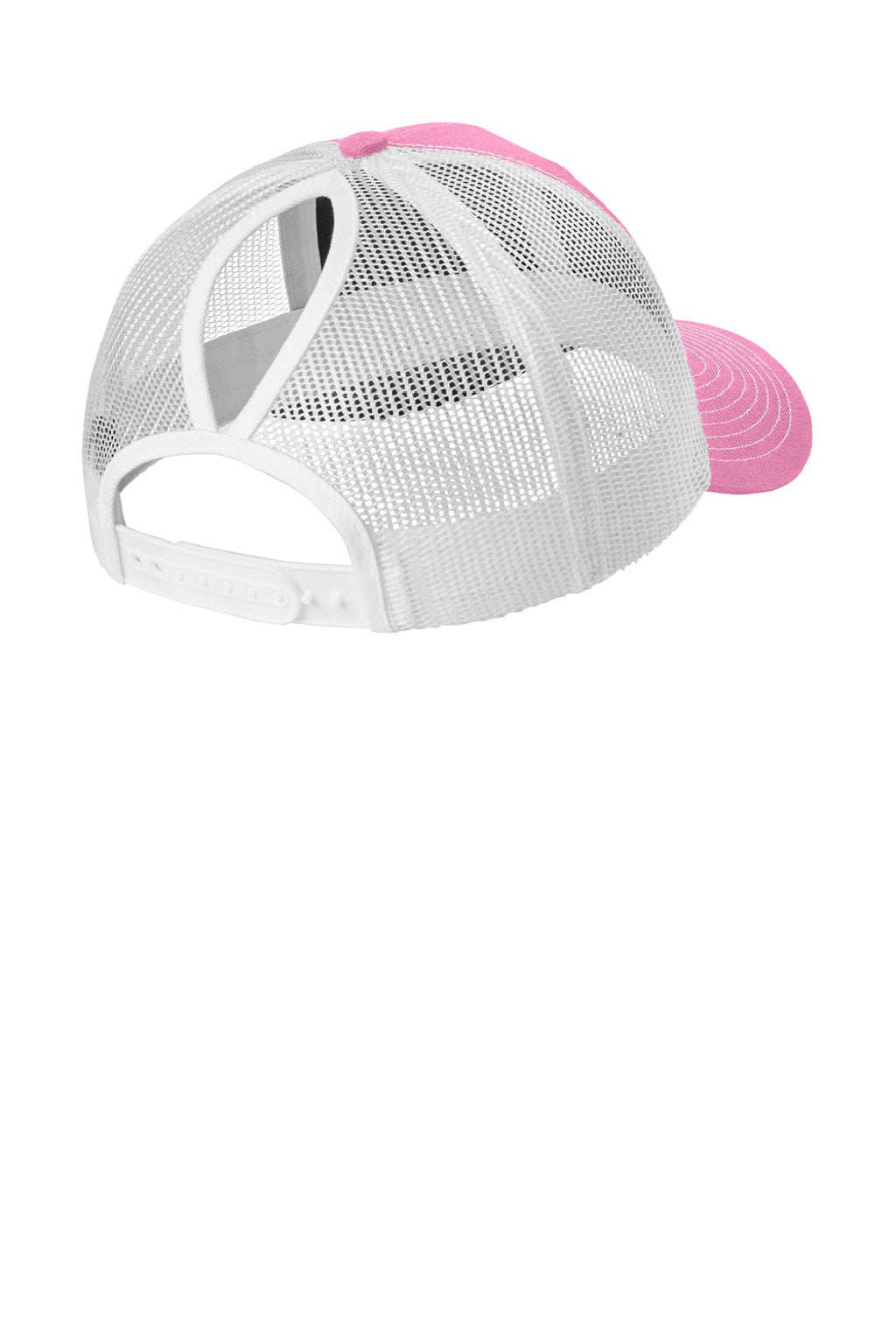Port Authority Hats LC401 Womens Snapback Ponytail Trucker Hat True Pink/White Flat Back