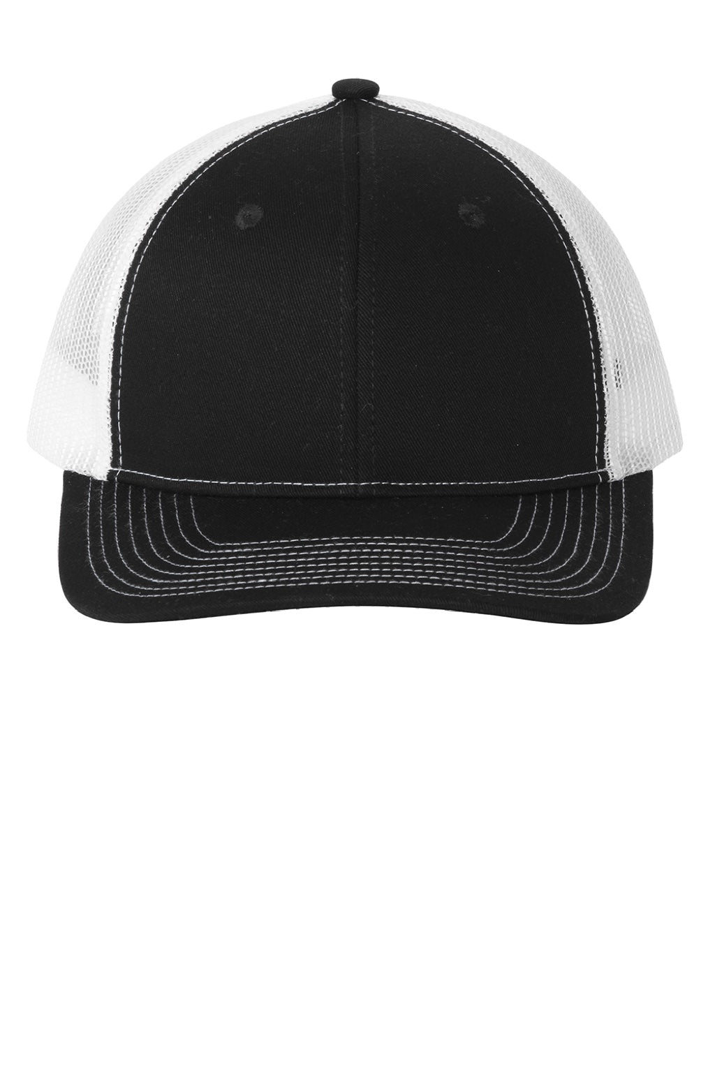 Port Authority Hats LC401 Womens Snapback Ponytail Trucker Hat Black/White Flat Front