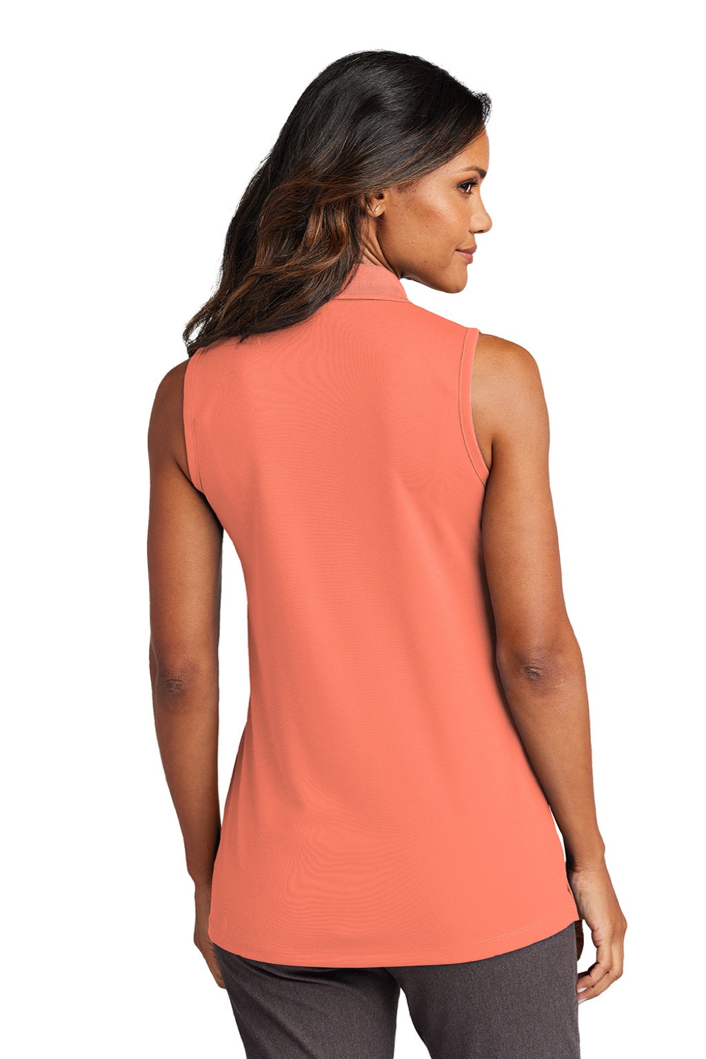 Port Authority LK110SV Womens Dry Zone Moisture Wicking Micro Mesh Sleeveless Polo Shirt Coral Splash Orange Model Back