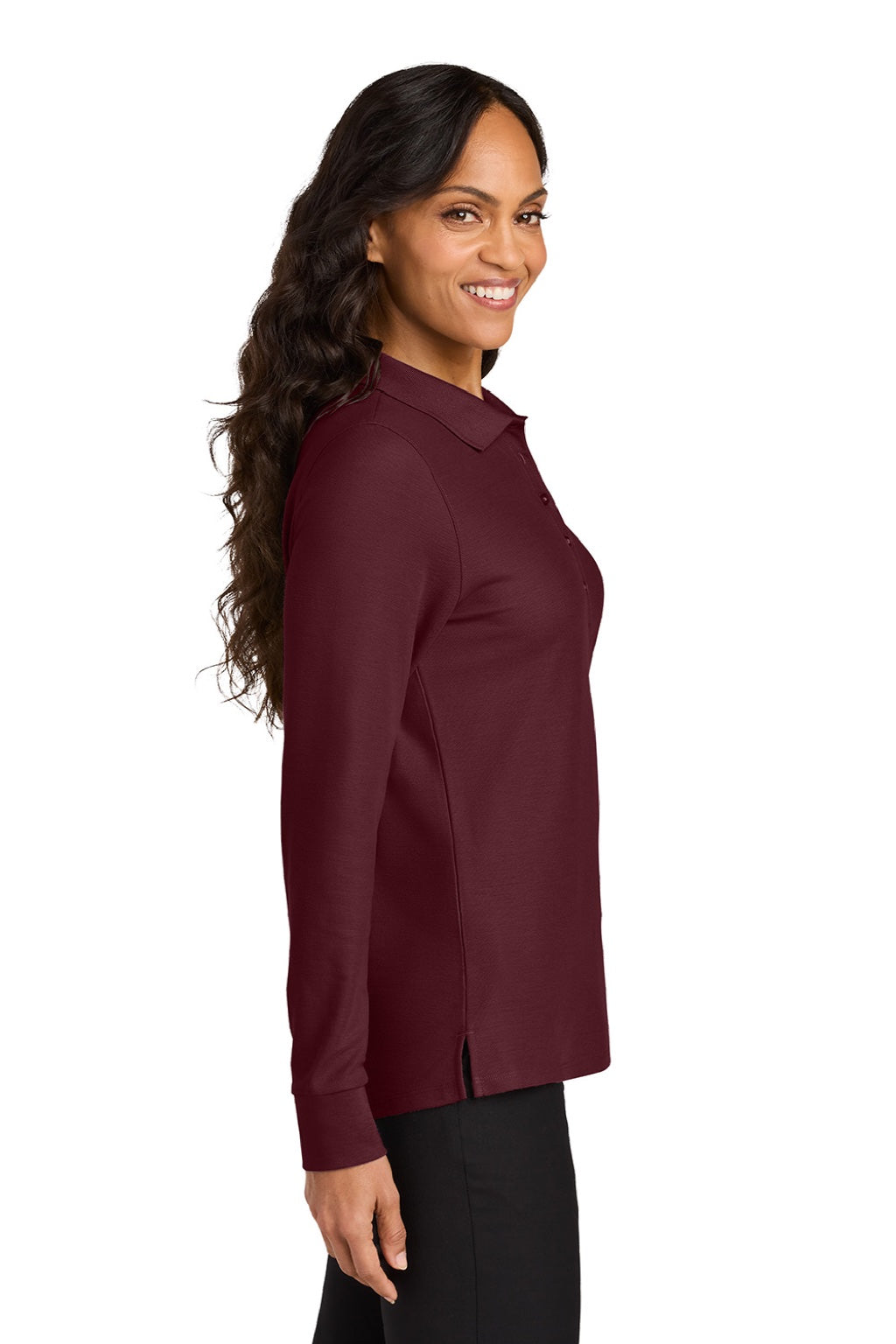 Port Authority LK200LS Womens Wearever Signature Pique Long Sleeve Polo Shirt Burgundy Model Side