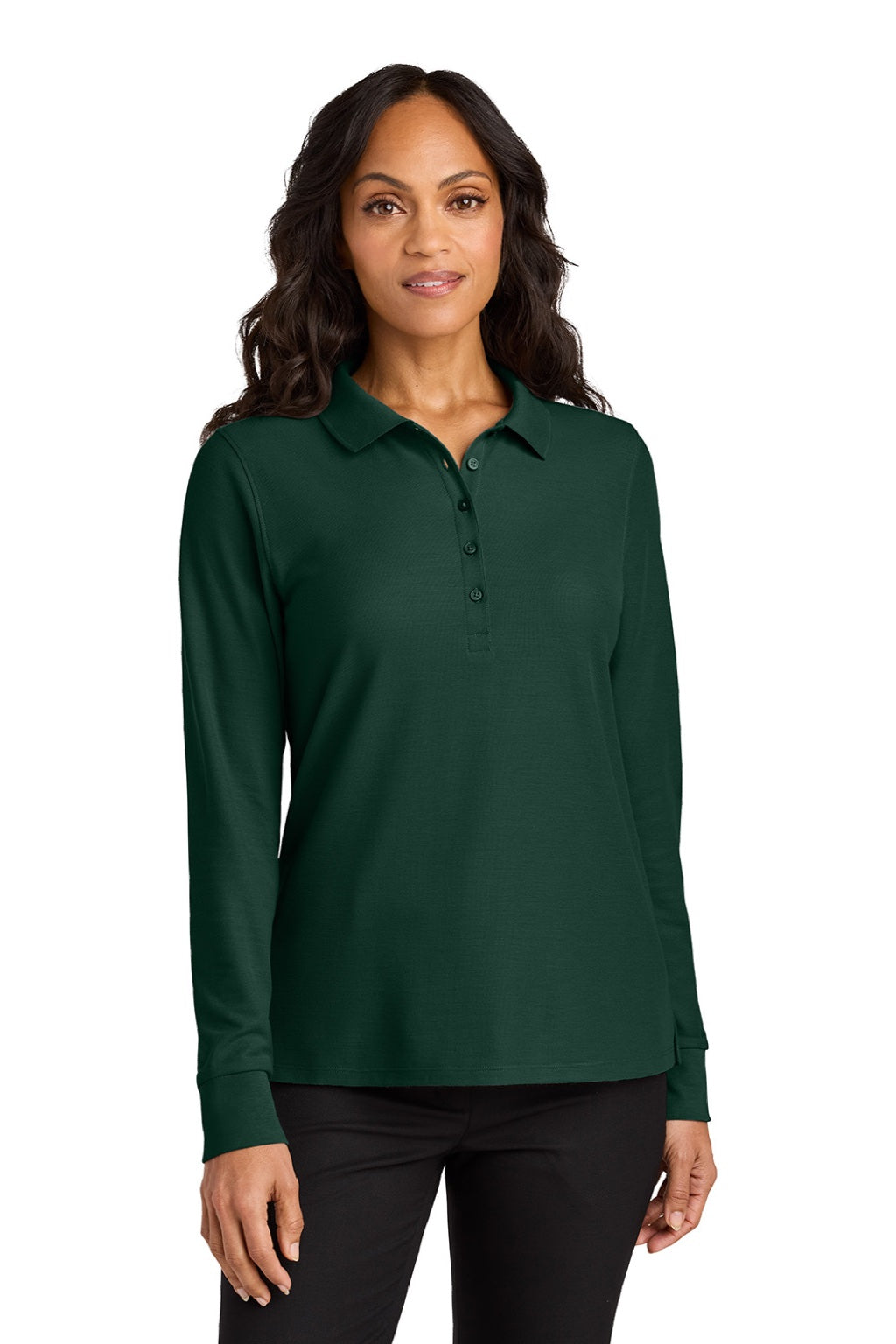 Port Authority LK200LS Womens Wearever Signature Pique Long Sleeve Polo Shirt Dark Green Model Front