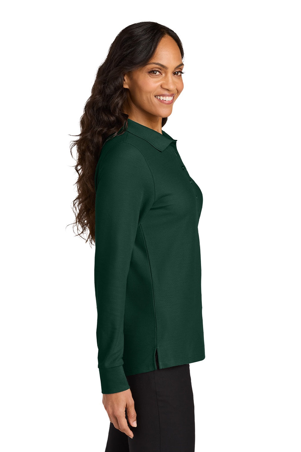 Port Authority LK200LS Womens Wearever Signature Pique Long Sleeve Polo Shirt Dark Green Model Side
