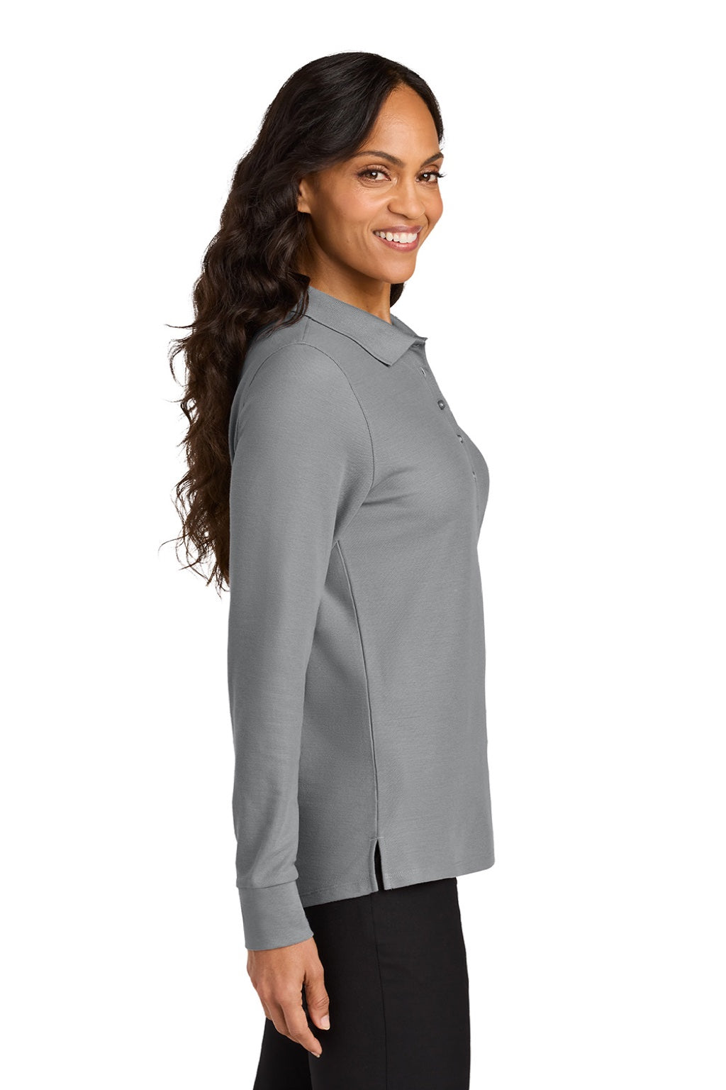 Port Authority LK200LS Womens Wearever Signature Pique Long Sleeve Polo Shirt Gusty Grey Model Side